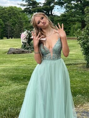 La Femme Sage Green Tulle Prom Gown